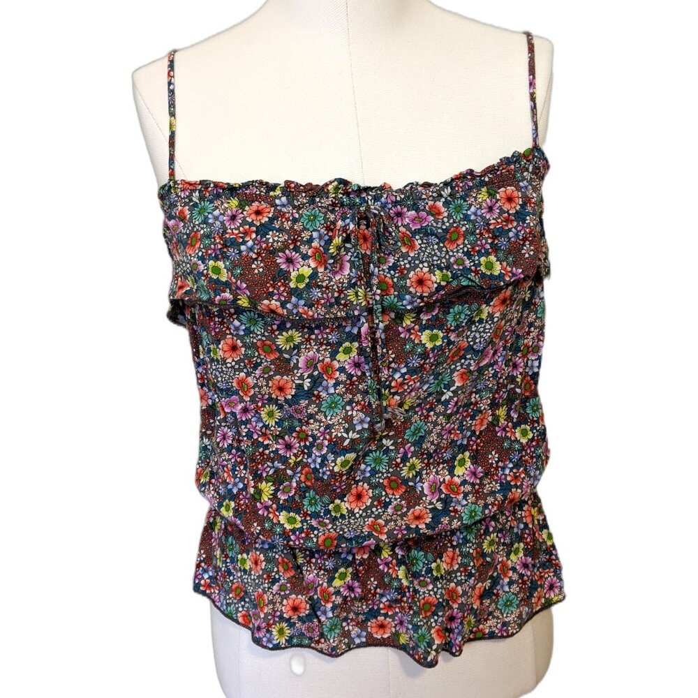 Vintage Y2K Floral Cami Top Ruffle Cottagecore Tiered Spaghetti Strap Beach Sz S